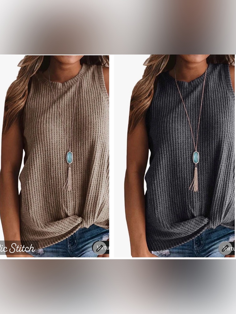 NWOT Set of 2 Sleeveless Waffle Knit Tank Top w twist knot in Gray and Taupe